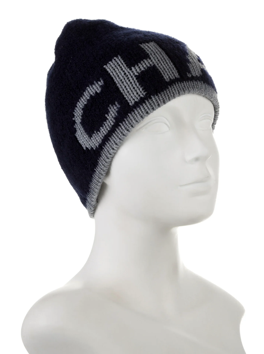 NEW 2021 CHANEL NAVY BLUE GREY CASHMERE WOOL BLEND KNIT HAT CAP
