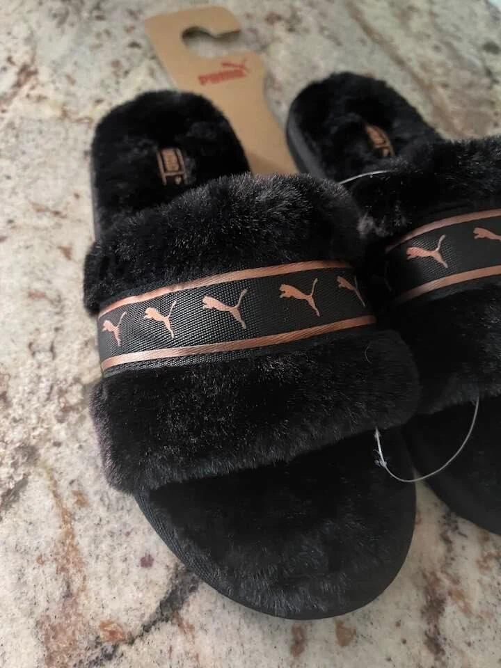 Puma Women's Black Faux Fur Slippers Slide Sandals Size 7 NEW 😊 | eBay