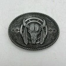 Vintage Metal Western Skull Head Cowhead Feather Belt Buckle Cowboy Accessory