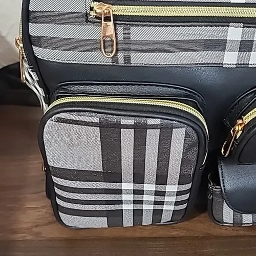 Black and Gray Lux Checkered Womens Backpack Leatherette Purse 6 Pockets - Picture 2 of 16