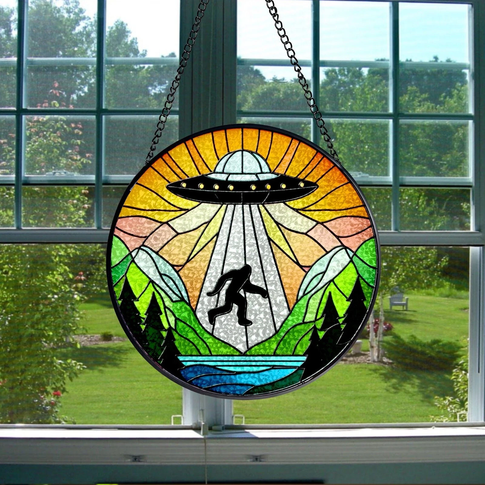 UFO Abduction Bigfoot Mountains Hill Stained Glass Suncatcher Window Hanging