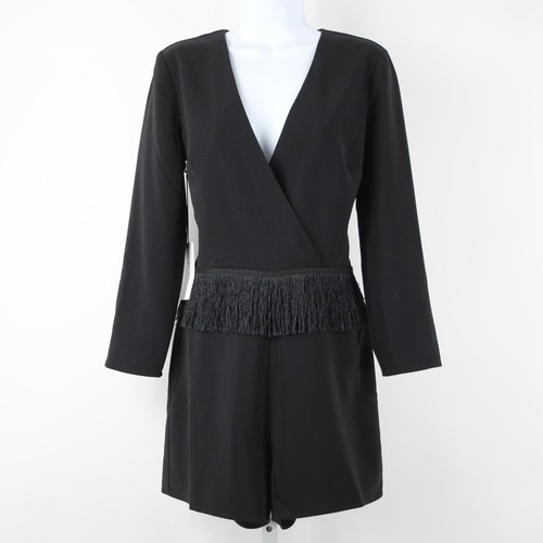 Ali Jay NEW Sz M Black Fringe V Neck Lined Long Sleeve Polyester Spandex Romper - Picture 15 of 24