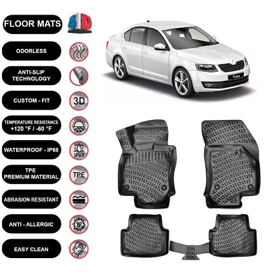 Floor Mats Liner For Skoda Octavia (2014-2019) Waterproof 4D Black Molded 4Pcs