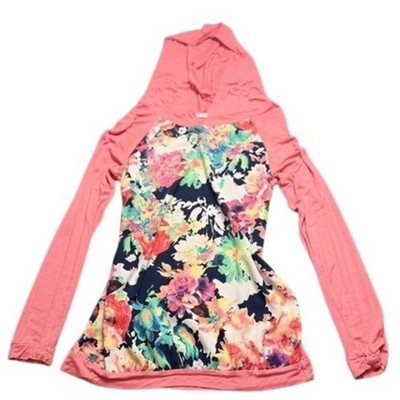 12PM by Mon Ami Floral Hoodie Top Pink Long Sleeve Medium