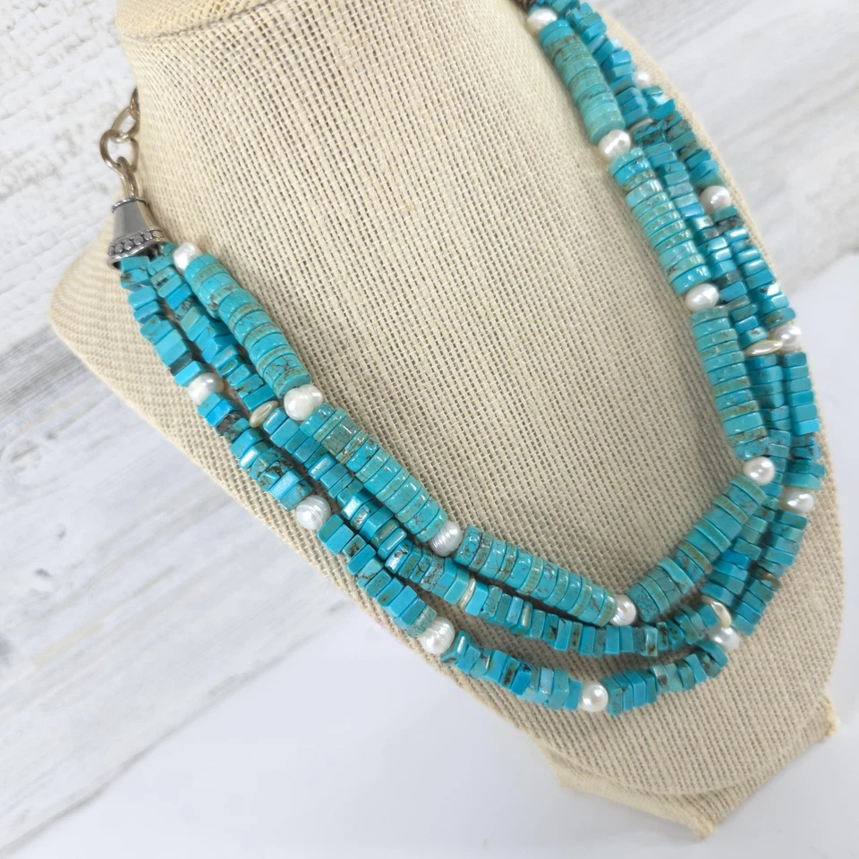 COLLAR TURQUESA PIEDRA NATURAL Y PERLAS CULTIVADAS DE AGUA DULCE 3 HILOS AJUSTE Foto 4 de 4