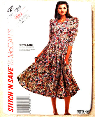 5005 McCalls Pattern 1990 Dress Back Zipper, Drop Waist Front, Misses 6-8-10