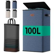MECINFUL 100L Laundry Hamper with Lid, Sturdy Clothes Large, Navy Blue