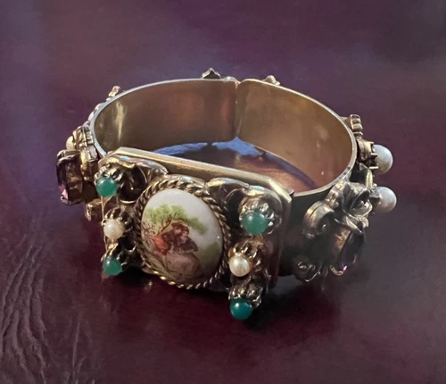 Vintage Cuff Hinged Porcelain Romantic Scene Bracelet Costume Jewelry