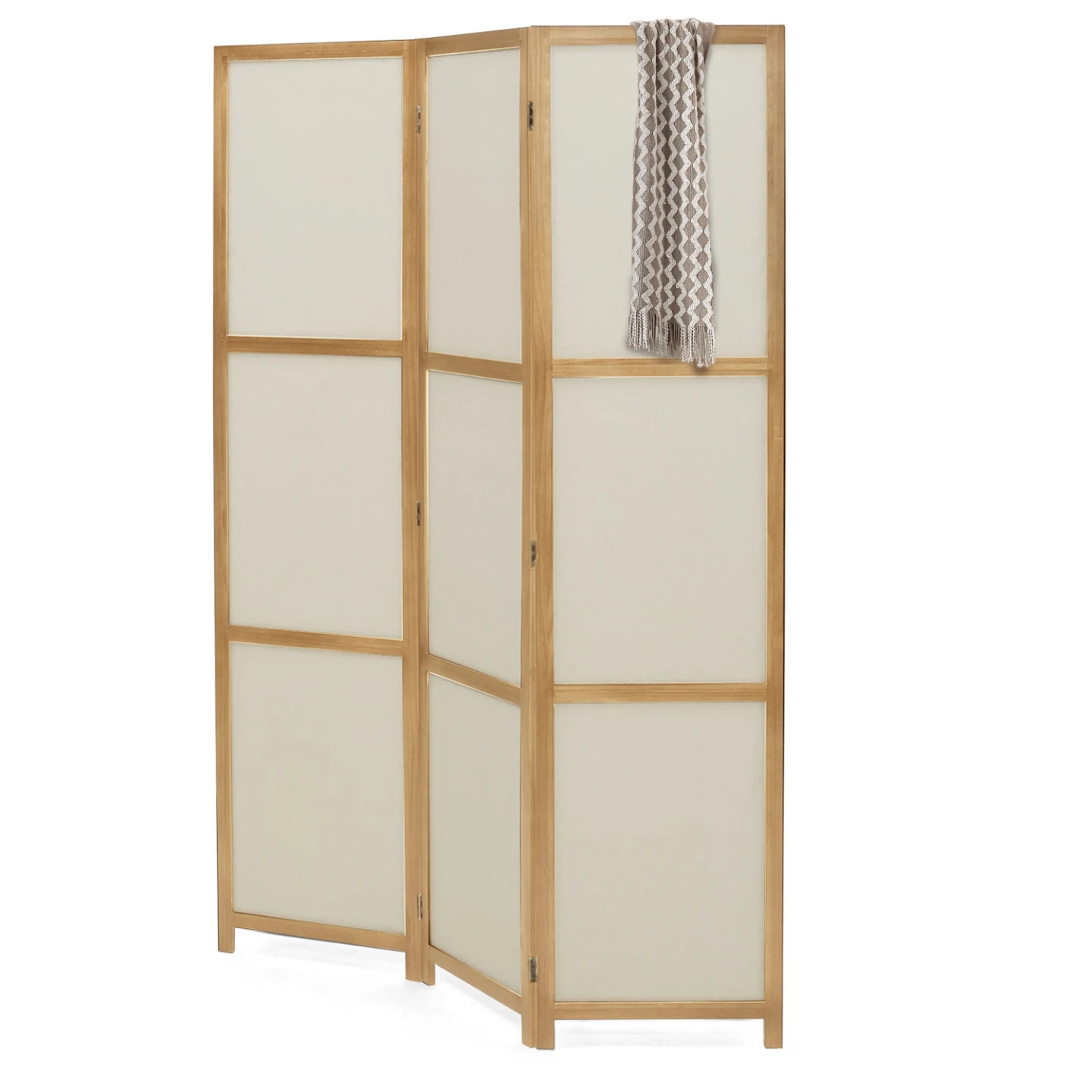 Paravent intérieur bois et tissu beige claustra amovible et séparateur
