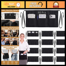 48 Pcs Black Server Aprons - Half Waist, 3 Pockets, Stain Resistant, Long Strap