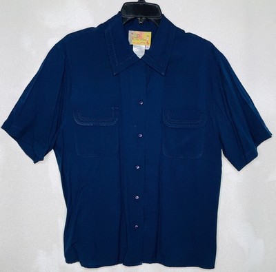 Fred David Women's Navy Blue Blouse Size 14 Vintage Button Up Pockets Collar