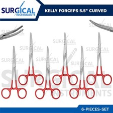 RED - 6 Pcs Kelly Hemostat Forceps 5.5" Curved Surgical Dental German Grade