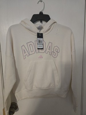  Girls Adidas Large 14 Hoodie Fleece Long Sleeve White Loose Fit Pullover W Logo