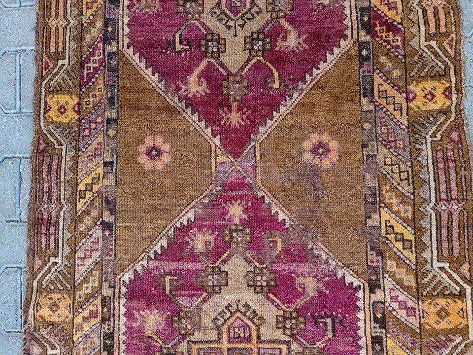 Vintage Turkish Runner Rug 3.6x9.6 ft | Magenta Camel Anatolian Carpet - Image 4 of 4