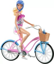 Image of Barbie Doll & Bike Set with Accessories, Pink & Blue Bicycle, Helmet, Basket