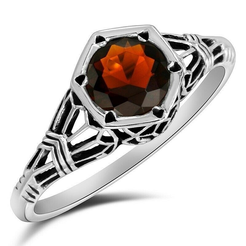 1CT  Fire Garnet 925 Sterling Silver Filigree Look Ring Sz 9 F5-2