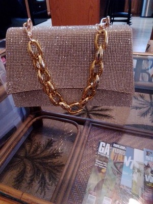 Small Full Rhinestone Cover Flap Purse/Clutch Evening Bag- Gold/Silver