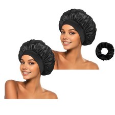 2 Pcs Silk Bonnet for Sleeping Satin Hair Bonnets, soft elastic, black