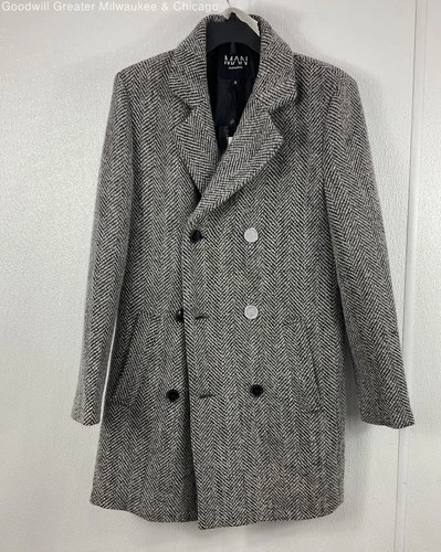 NWT boohooMAN Black/White Herringbone Double Breasted Topcoat Men's sz S - product listing photo