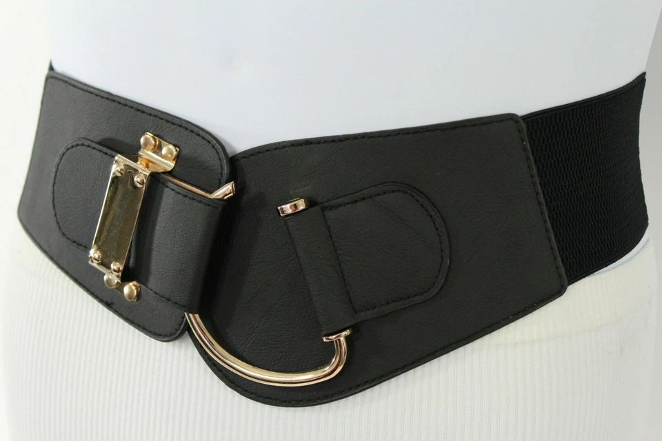 Mujeres Dorado Metal Gancho Hebilla Negro Estilo Exótico Cinturón Ancho Elástico Cadera Cintura S M Foto 3 de 4