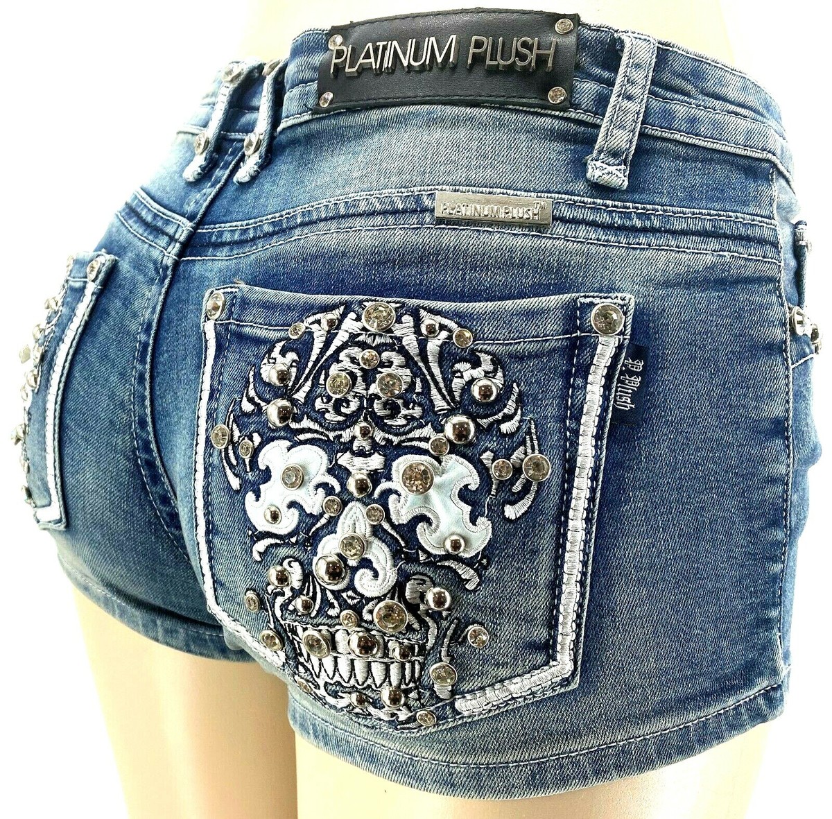 PLATINUM PLUSH LADIES SUGAR SKULL RHINESTONE DENIM 5 POCKET
