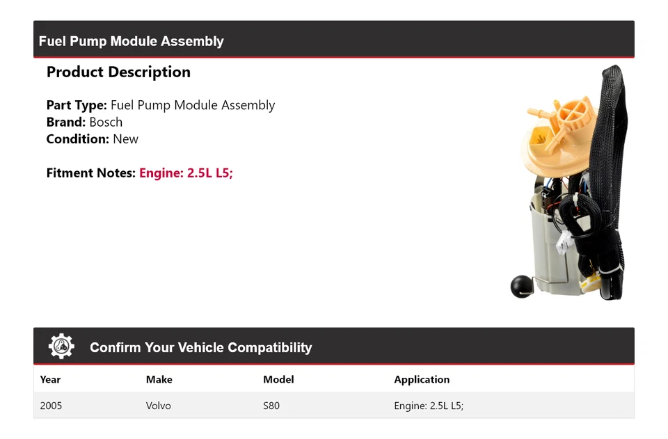 For 2005 Volvo S80 2.5L L5 Bosch Fuel Pump Module Assembly - Image 2 of 4