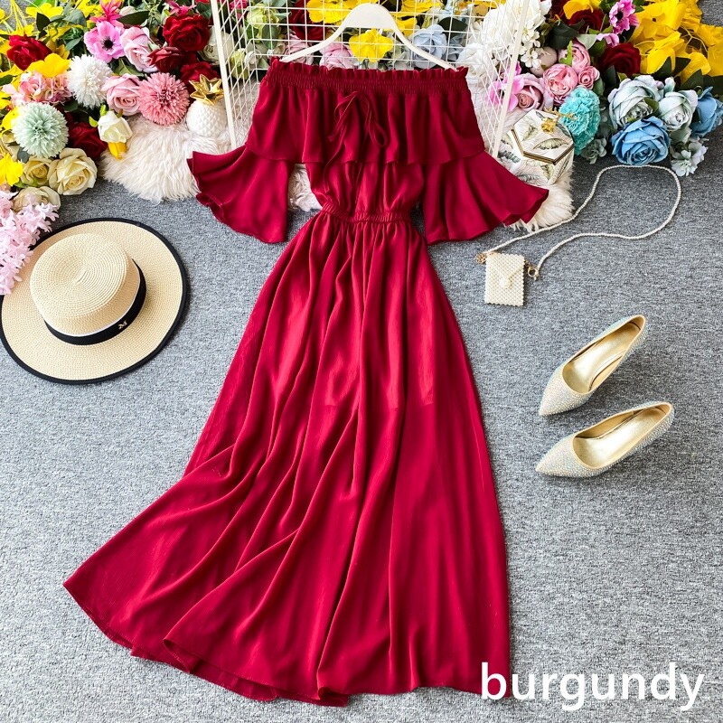 Lady Chiffon Long Dresses Off Shoulder Short Sleeve Ruffle Vacation Beach  Summer