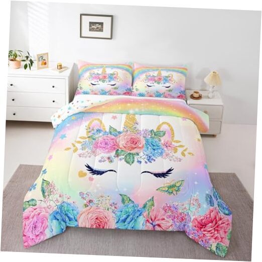 Size Unicorn Comforter Set for Kids Girls Bedroom Decorations Twin Colorful