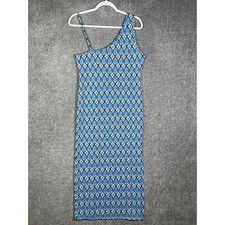Forever 21 Bodycon Straight Midi Knit Dress Womens Size Large Blue Geometric