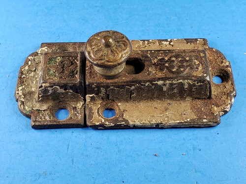 Cabinet Latch Catch Ornate Spring Loaded Cast Iron W/ Keeper Brass Knob Vintage