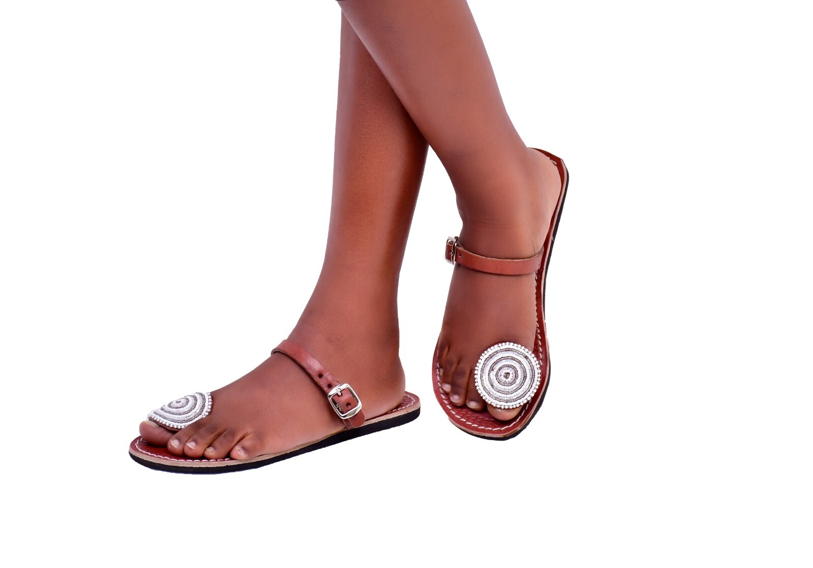 SAOLA Sandali ciabatte africane donna con perline bohemien estivi pelle Masai keniota bianco