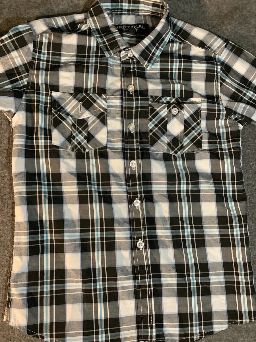 T156 Verticle Sport Small 8 Black White Blue Plaid L/S Button Down