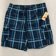 OP Ocean Pacific Board Shorts Mens XL Blue Plaid Lined Cargo Pockets Swim Trunks