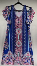 MSK Dress Womens M Colorful Shift Cold Shoulder Beachy Travel Vacation Cruise
