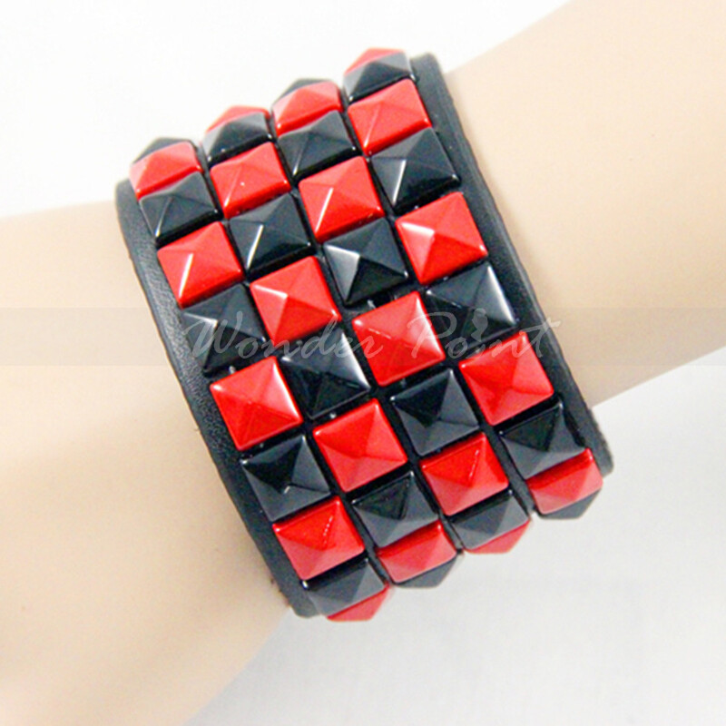 BLACK RED Bracelet Goth Emo Rockabilly Pyramid Stud 4 Row BLACK RED Bracelet Goth Emo Rockabilly Pyramid Stud 4 Row