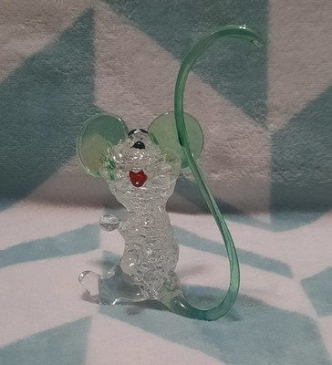 Vintage Hand Blown Spun Glass Mouse Green/Aqua Clear Figurine Art