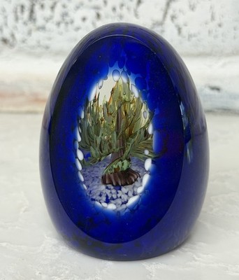 Tree Of Life Art Glass Paperweight Diorama Inscape Cobalt Blue Cut To Clear