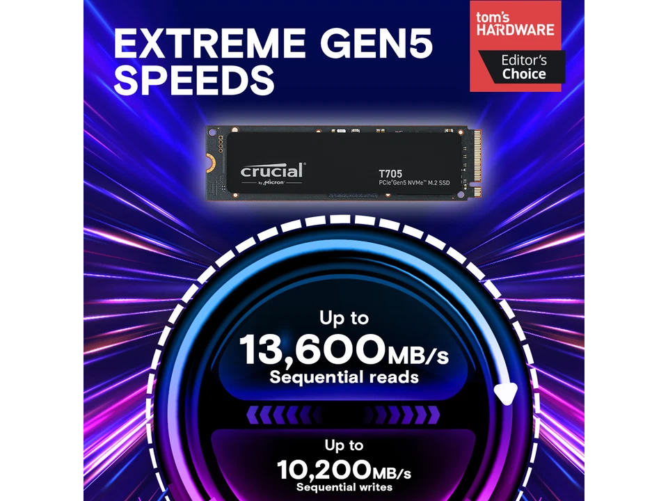 Crucial T705 1TB PCIe Gen5 NVMe M.2 SSD - Up to 13,600 MB/s - Game Ready - - Image 2 of 4