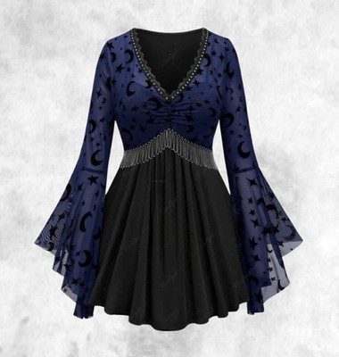 Neu schwarz Gothic Mond & Sterne blau Netz ausgestellte Ärmel Bluse Gr. 4XL 24 26 28