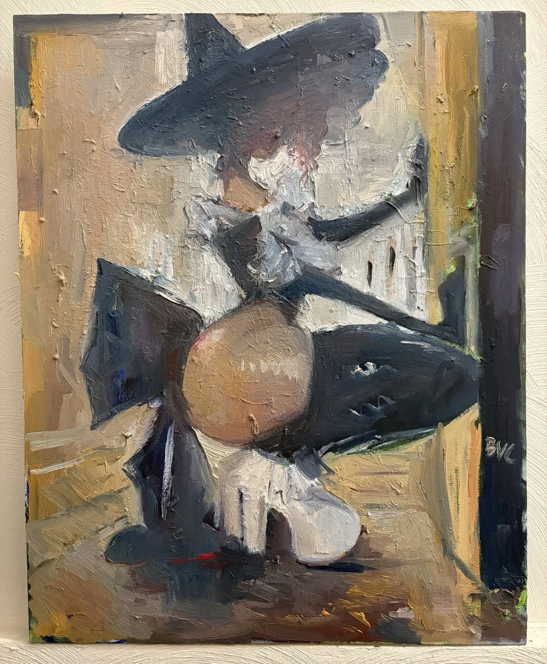 Halloween Bruja Gótica Interior Cubismo Óleo Sobre Lienzo 22”x28” Original Firmado Foto 2 de 3