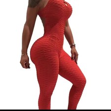 Women Red Textured Jumpsuit Bodycon one Piece Workout Outfit Seamless