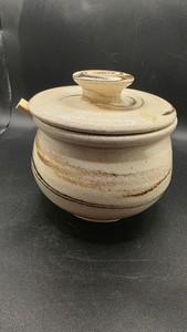 Vintage Signed Art Pottery Stoneware Honey Pot Jar Glazed w/Lid & Dipper