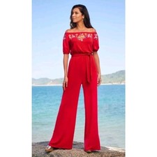 NUEVO Mono Boston Propio Rojo Bordado Fuera del Hombro Pierna Ancha Talla Pequeña