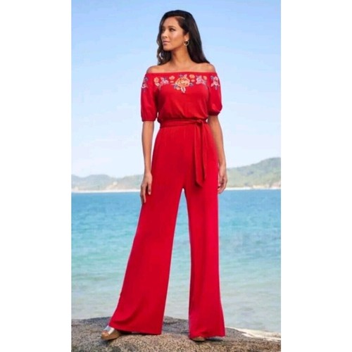 NEW Boston Proper Red Embroidered Off Shoulder Wide Leg Jumpsuit size Small