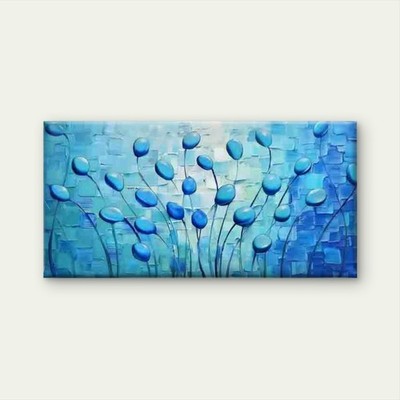 Blue Abstract Floral Artwork Unframed Canvas Painting for Living