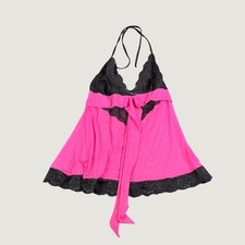 Frederick's of Hollywood Pink Mesh Black Lace Halter Babydoll Lingerie Top Lg
