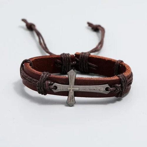 Brown Leather Bracelet with Cross, Lords Prayer, Christian God, Jesus, Catholic - Picture 2 of 6