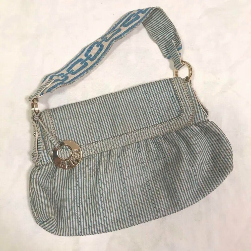 FENDI Vintage FF Logo Chef Shoulder Bag in Blue & White Canvas