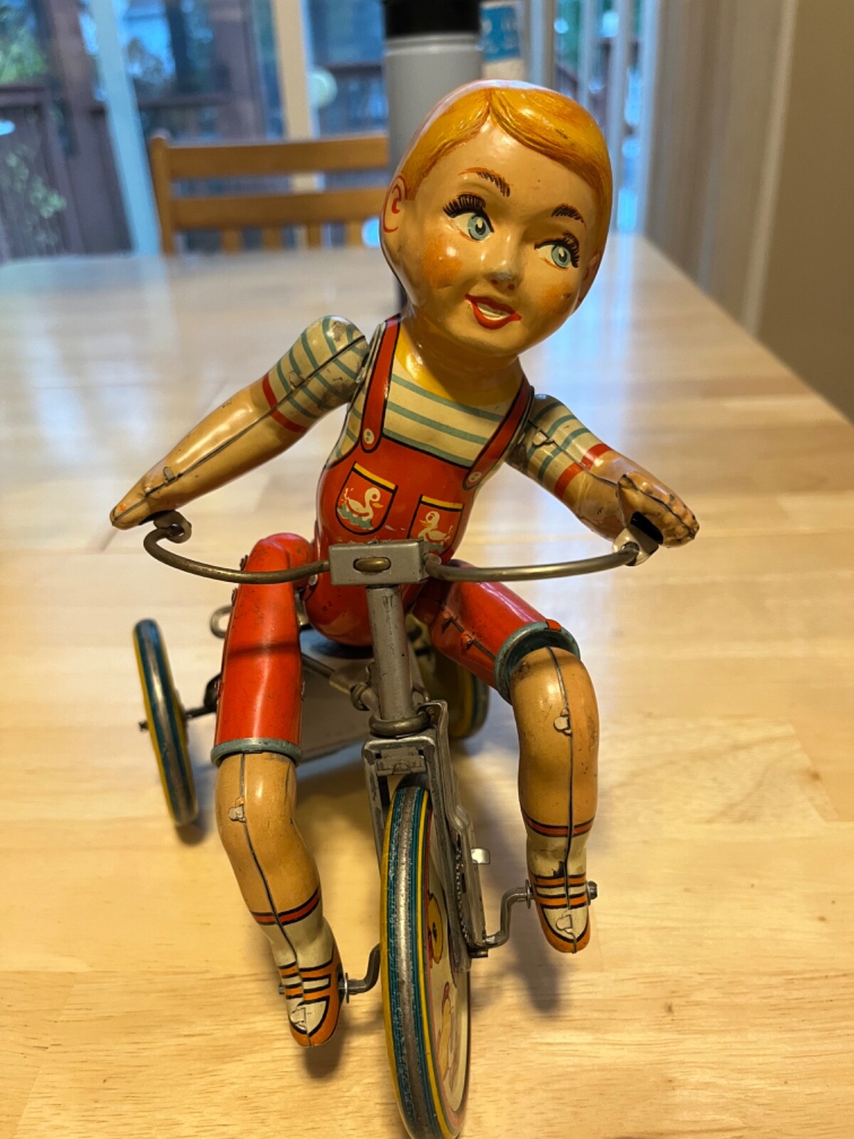 Vintage 1930's Kiddy Cyclist Unique Art Mfg Co Wind Up Tin Toy Tricycle