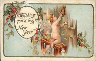New Year's Cherub Knocks on Door Suitcase Pocket Watch Embossed c1900s-20s PC